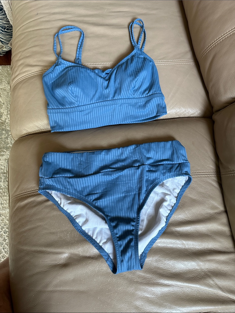 Ribbed High-Waist Bikini Set in Slate Blue - Women